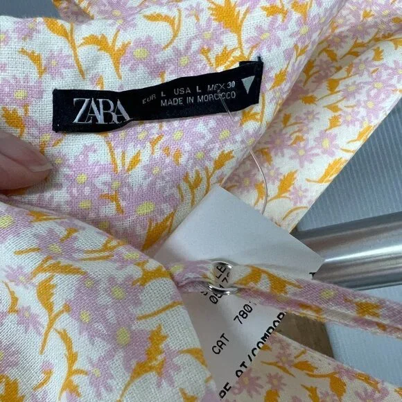 NWT Zara Linen Blend Purple Orange‎ Cream Cut Out Lined Mini Dress Sz L - Picture 11 of 14